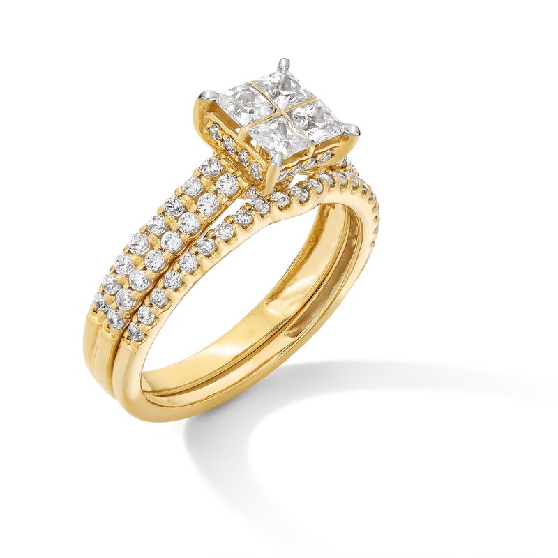Main Image 3 of 1-1/2 CT. T.W. Quad Princess-Cut Diamond Double Row Shank Bridal Set in 14K Gold