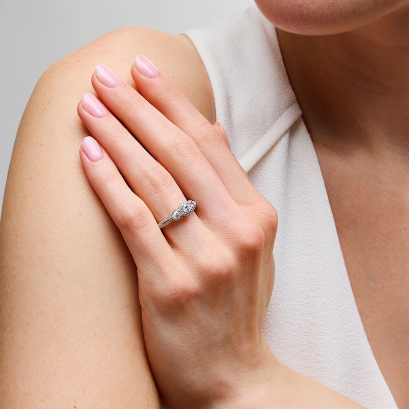 Main Image 2 of 3/4 CT. T.W. Diamond Frame Past Present Future® Bypass Multi-Row Split Shank Engagement Ring in 14K Gold
