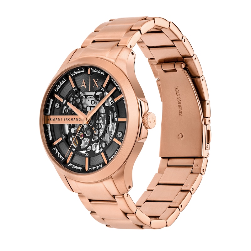 Main Image 4 of Men’s Armani Exchange Hampton Rose-Tone IP Automatic Watch with Black Skeleton Dial (Model: AX2456)