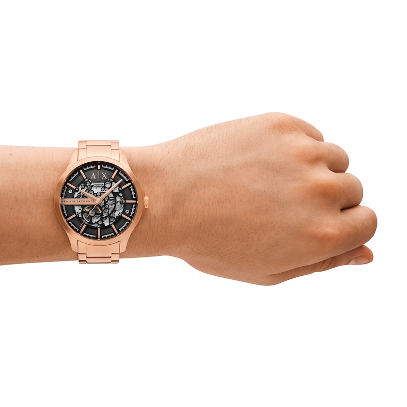 Main Image 5 of Men’s Armani Exchange Hampton Rose-Tone IP Automatic Watch with Black Skeleton Dial (Model: AX2456)