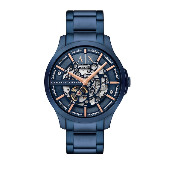 Menâs Armani Exchange Blue IP Automatic Watch with Blue Skeleton Dial (Model: Ax2457)