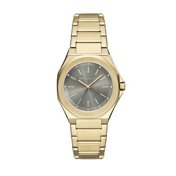 Ladiesâ Armani Exchange Andrea Crystal Accent Gold-Tone IP Watch with Grey Dial (Model: Ax4614)