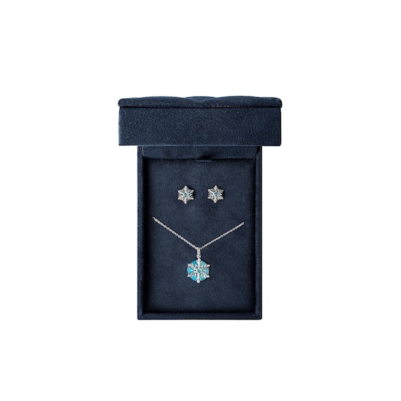 Enchanted Disney Elsa Blue Topaz and Druzy with Diamond Accent Snowflake Pendant and Earrings Set in Sterling Silver