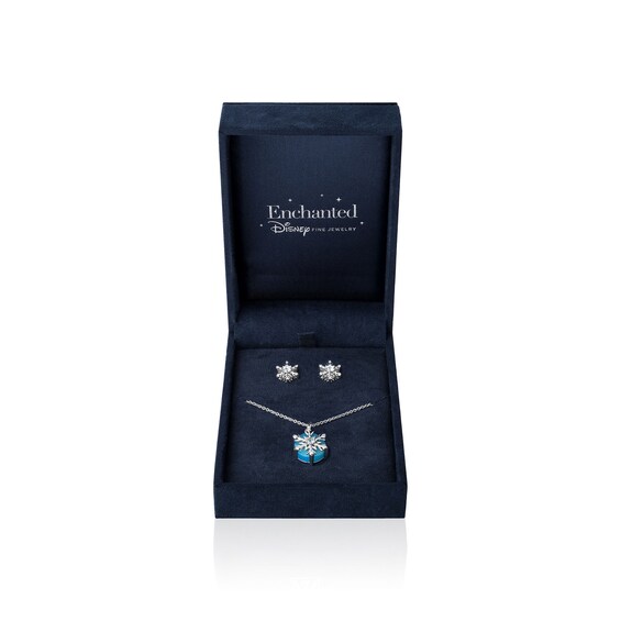 Enchanted Disney Elsa Blue Topaz and Druzy with Diamond Accent Snowflake Pendant and Earrings Set in Sterling Silver