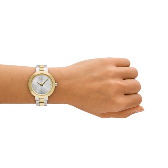 Ladiesâ Armani Exchange Crystal Accent Two-Tone IP Watch with Silver-Tone Dial (Model: Ax5171)