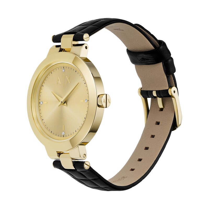 Main Image 4 of Ladies’ Armani Exchange Jackie Crystal Accent Gold-Tone IP Black Leather Strap Watch with Gold-Tone Dial (Model: AX5174)