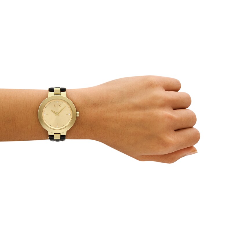 Main Image 5 of Ladies’ Armani Exchange Jackie Crystal Accent Gold-Tone IP Black Leather Strap Watch with Gold-Tone Dial (Model: AX5174)