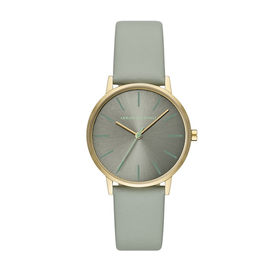 Ladiesâ Armani Exchange Lola Gold-Tone IP Grey Leather Strap Watch with Grey Dial (Model: Ax5618)