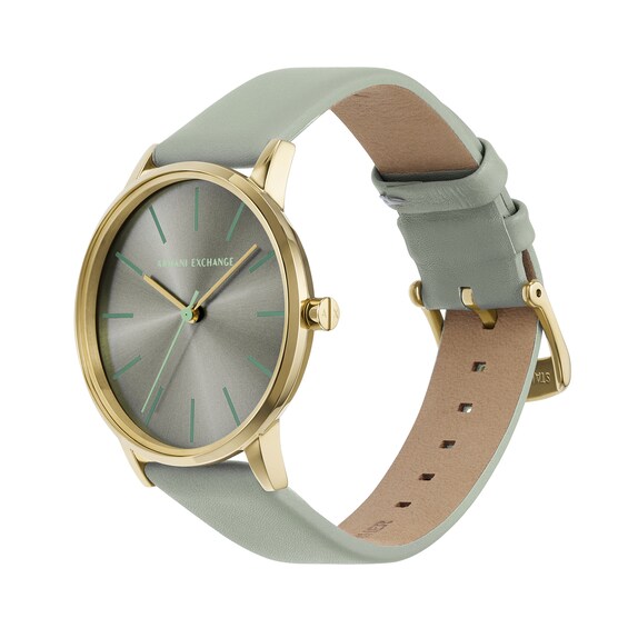 Ladiesâ Armani Exchange Gold-Tone IP Grey Leather Strap Watch with Grey Dial (Model: Ax5618)