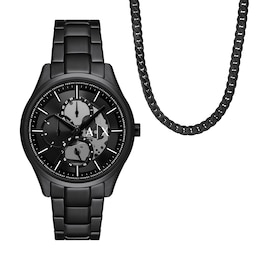 Men’s Armani Exchange  Black IP Chronograph Watch and Curb Chain Necklace Set (Model: AX7160SET)
