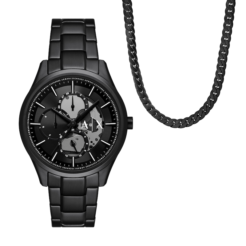 Main Image 1 of Men’s Armani Exchange  Black IP Chronograph Watch and Curb Chain Necklace Set (Model: AX7160SET)