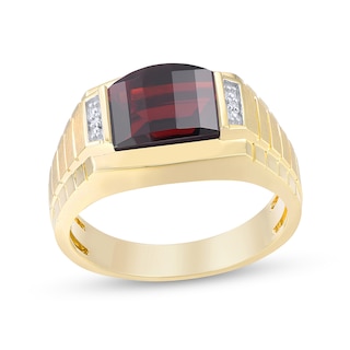 Barrel-Shaped Garnet and Diamond Accent Ribbed Shank Comfort-Fit Ring in 10K Gold
