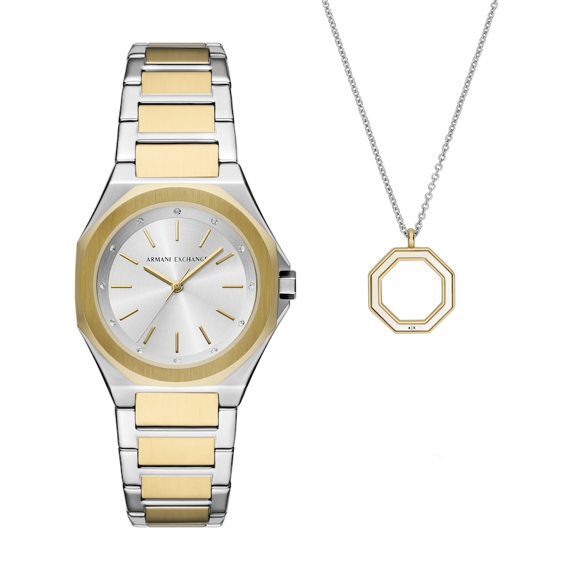Main Image 1 of Ladies’ Armani Exchange Andrea Crystal Accent Two-Tone IP Watch and Octagon Pendant Set (Model: AX7161SET)