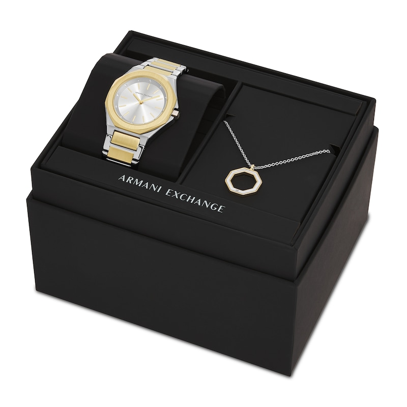 Main Image 4 of Ladies’ Armani Exchange Andrea Crystal Accent Two-Tone IP Watch and Octagon Pendant Set (Model: AX7161SET)