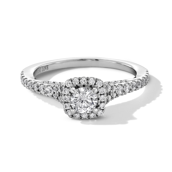 Vera Wang Love Collection 7/8 CT. T.w. Diamond Cushion Frame Split Shank Engagement Ring in 14K White Gold