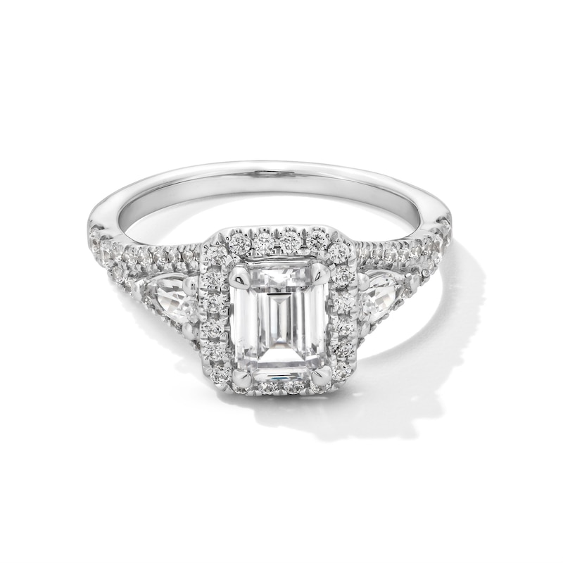 Main Image 1 of 1-5/8 CT. T.W. Emerald-Cut Diamond Frame Leaf-Sides Split Shank Engagement Ring in 14K White Gold