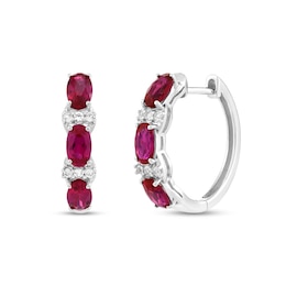 Oval Lab-Created Ruby and White Lab-Created Sapphire Three Stone Linear Drop Earrings in Sterling Silver