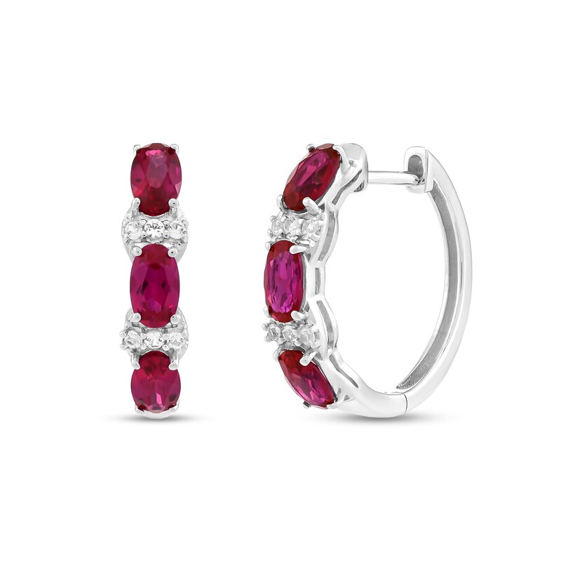 Main Image 1 of Oval Lab-Created Ruby and White Lab-Created Sapphire Three Stone Linear Drop Earrings in Sterling Silver
