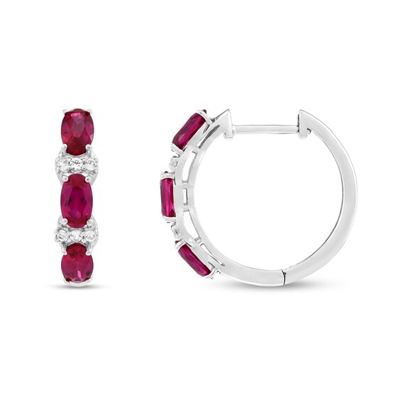 Oval Lab-Created Ruby and White Lab-Created Sapphire Three Stone Linear Drop Earrings in Sterling Silver