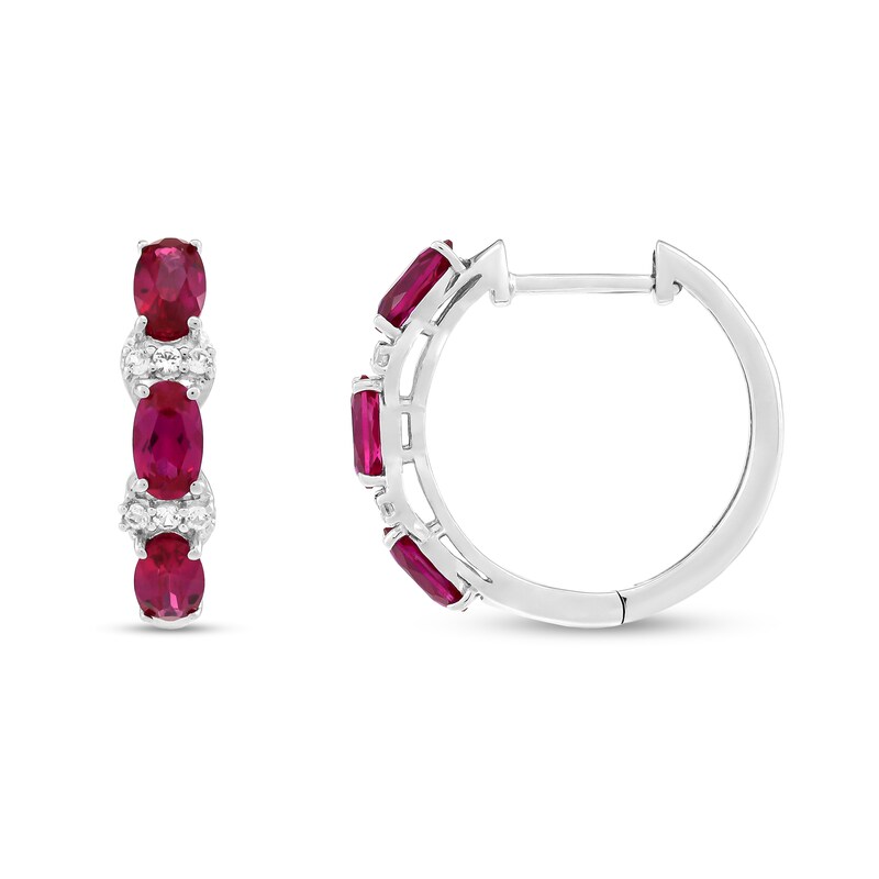 Main Image 2 of Oval Lab-Created Ruby and White Lab-Created Sapphire Three Stone Linear Drop Earrings in Sterling Silver