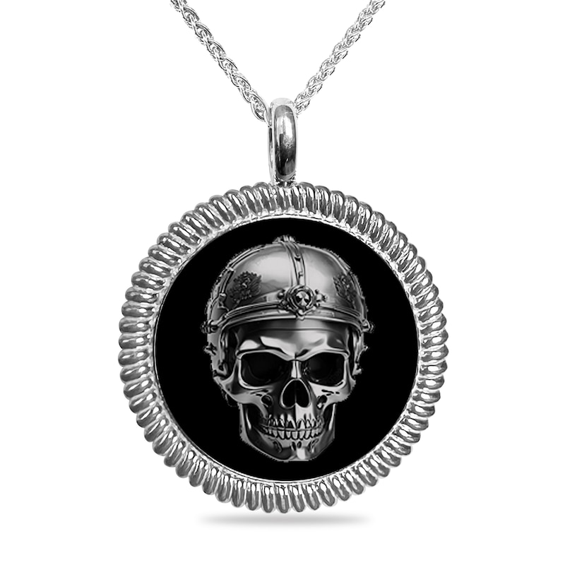 Main Image 1 of Engravable Black Enamel Skull Rope-Textured Frame Pendant in Sterling Silver (4 Lines) - 22”