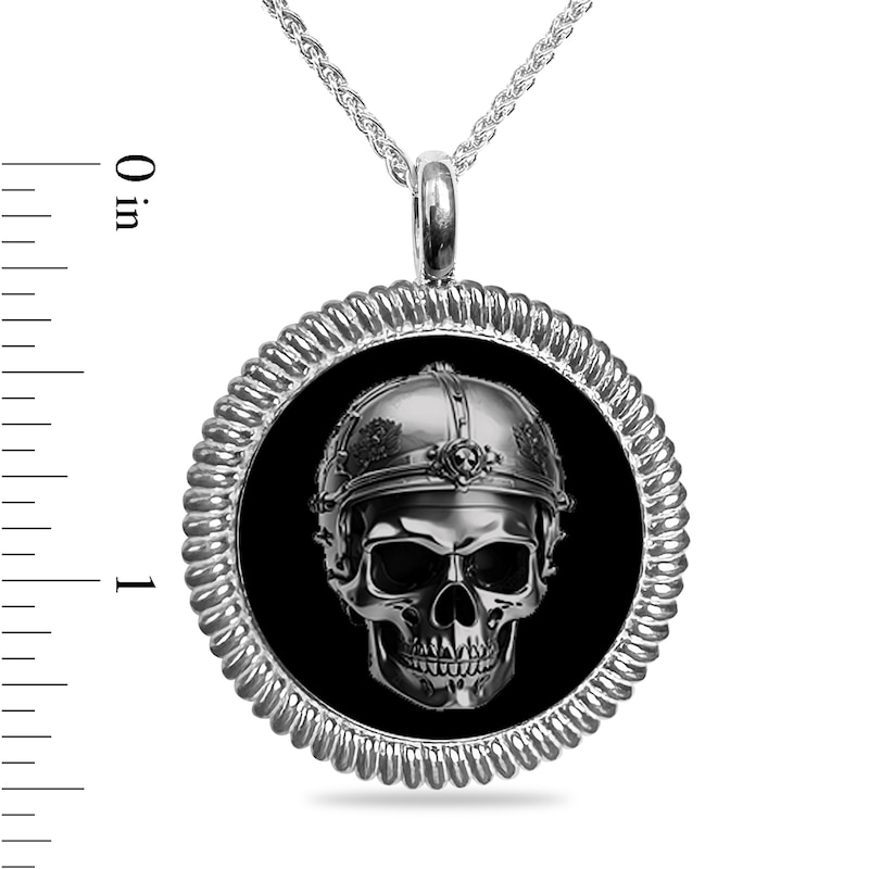 Main Image 3 of Engravable Black Enamel Skull Rope-Textured Frame Pendant in Sterling Silver (4 Lines) - 22”