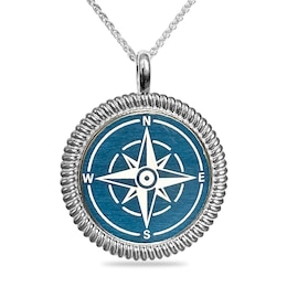 Engravable Blue Enamel Compass Rope-Textured Frame Pendant in Sterling Silver (4 Lines) - 22”