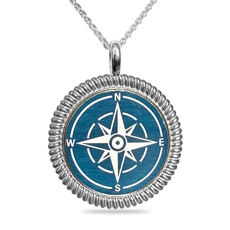 Main Image 1 of Engravable Blue Enamel Compass Rope-Textured Frame Pendant in Sterling Silver (4 Lines) - 22”