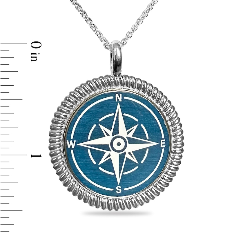Main Image 3 of Engravable Blue Enamel Compass Rope-Textured Frame Pendant in Sterling Silver (4 Lines) - 22”