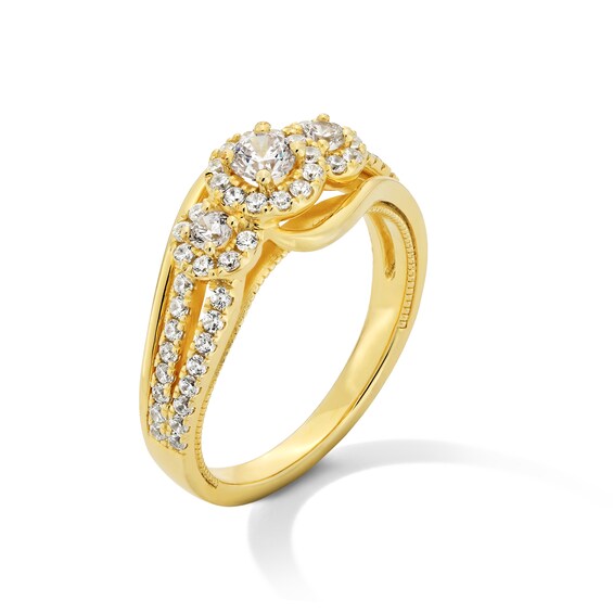 3/4 CT. T.w. Pear-Shaped and Round Diamond Frame Past Present FutureÂ® Double Row Shank Engagement Ring in 10K Gold