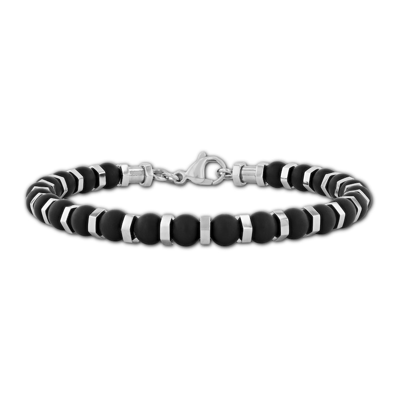 Main Image 1 of 6.25mm Black Onyx Bead Bracelet in Stainless Steel - 8.5”