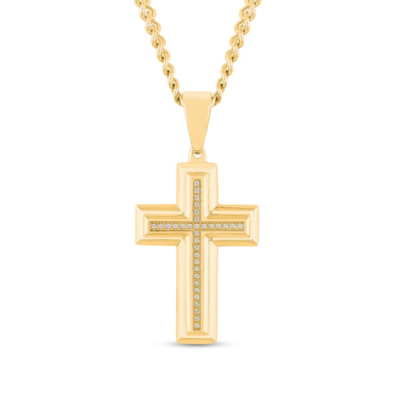 1/10 CT. T.w. Diamond Cross Pendant in Solid Stainless Steel with Yellow Ion Plate - 24â