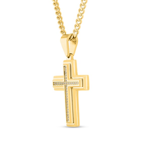 1/10 CT. T.w. Diamond Cross Pendant in Solid Stainless Steel with Yellow Ion Plate - 24â