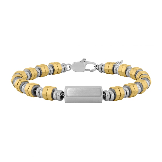 Double Hexagon Bead Bracelet in Solid Stainless Steel and Yellow Ion Plate - 8.5â