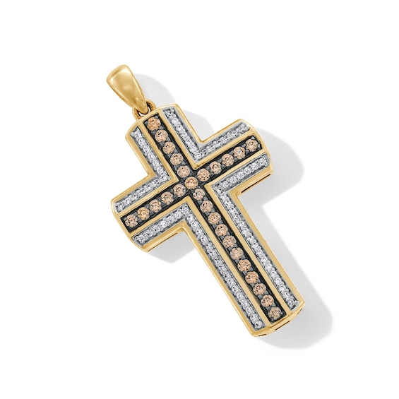 3/4 CT. T.w. Champagne and White Diamond Cross Necklace Charm in 10K Gold