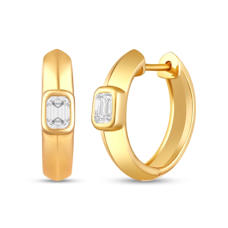 Main Image 1 of 1/2 CT. T.W. Emerald-Cut Certified Lab-Grown Diamond Solitaire Knife-Edge Hoop Earrings in 10K Gold (F/SI2)