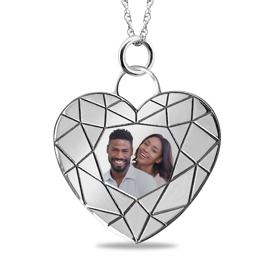 Engravable Brilliant-Edge Heart Photo Pendant in Sterling Silver (1 Image and 4 Lines) - 22â