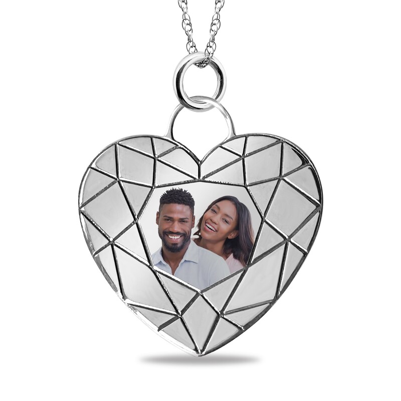 Main Image 1 of Engravable Brilliant-Edge Heart Photo Pendant in Sterling Silver (1 Image and 4 Lines) - 22”