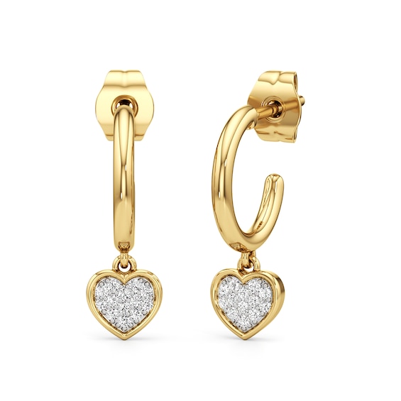 1/10 CT. T.w. Multi-Diamond Heart Dangle Hoop Earrings in Sterling Silver with 24K Gold Plate