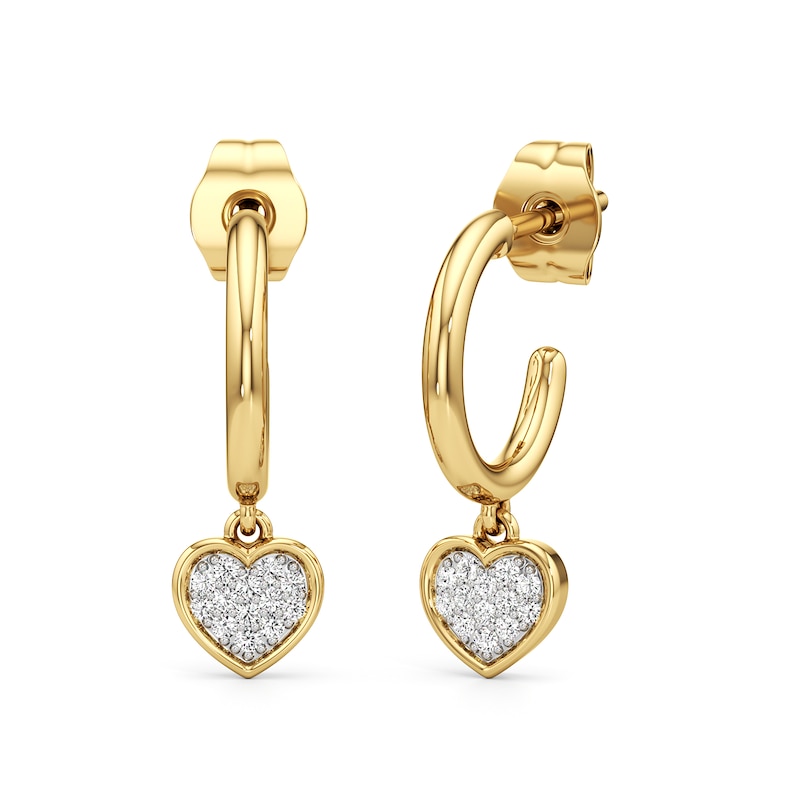 Main Image 1 of 1/10 CT. T.W. Multi-Diamond Heart Dangle Hoop Earrings in Sterling Silver with 24K Gold Plate