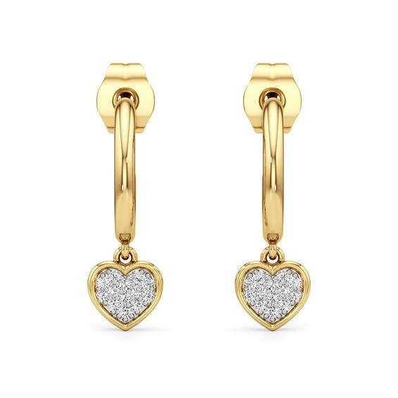 1/10 CT. T.w. Multi-Diamond Heart Dangle Hoop Earrings in Sterling Silver with 24K Gold Plate