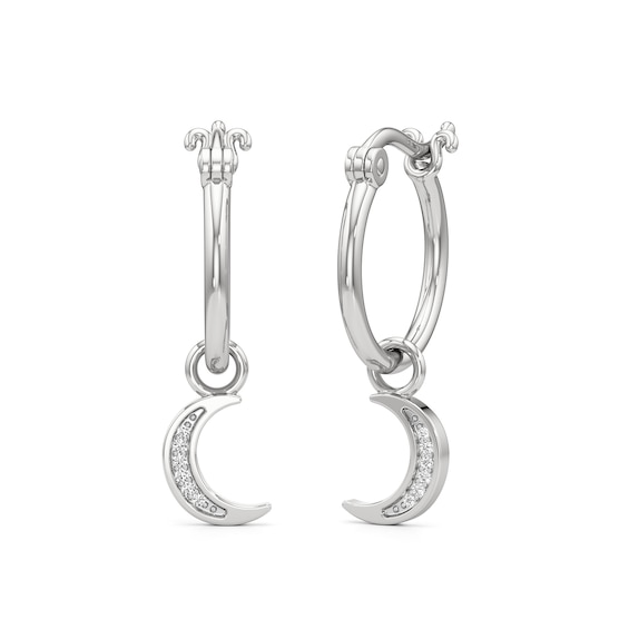 Diamond Accent Crescent Moon Dangle Hoop Earrings in Sterling Silver