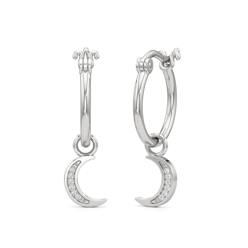 Main Image 1 of Diamond Accent Crescent Moon Dangle Hoop Earrings in Sterling Silver