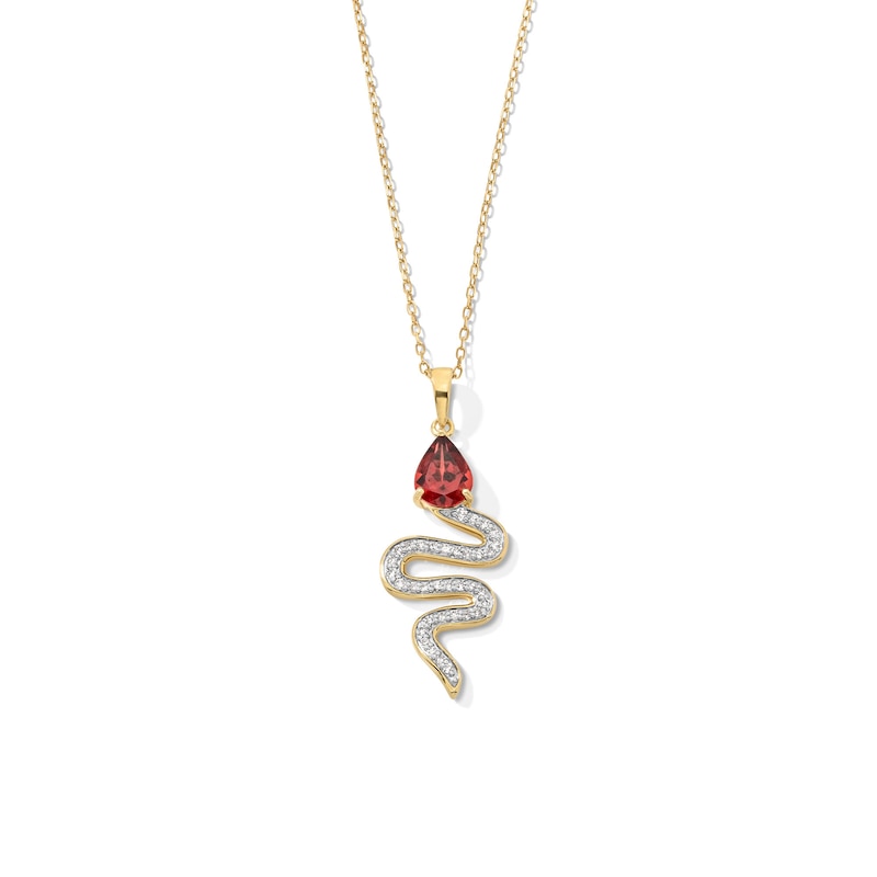 Main Image 1 of Pear-Shaped Garnet and 1/5 CT. T.W. Diamond Snake Pendant in Sterling Silver with 18K Gold Plate