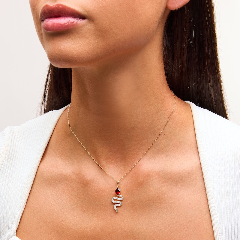 Main Image 2 of Pear-Shaped Garnet and 1/5 CT. T.W. Diamond Snake Pendant in Sterling Silver with 18K Gold Plate