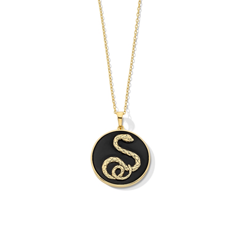 Main Image 1 of 20.0mm Onyx Snake Medallion Pendant in Sterling Silver with 18K Gold Plate