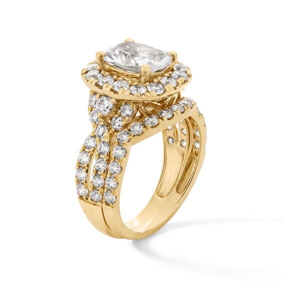 4 CT. T.w. Cushion-Cut Certified Lab-Grown Diamond Frame Crossover Shank Engagement Ring in 14K Gold (F/Vs2)