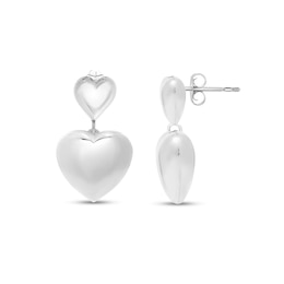Double Puff Heart Drop Earrings in Sterling Silver