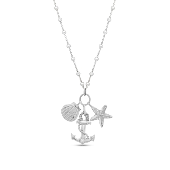 Seashell, Anchor and Starfish Charm Bead Station Necklace in Sterling Silver