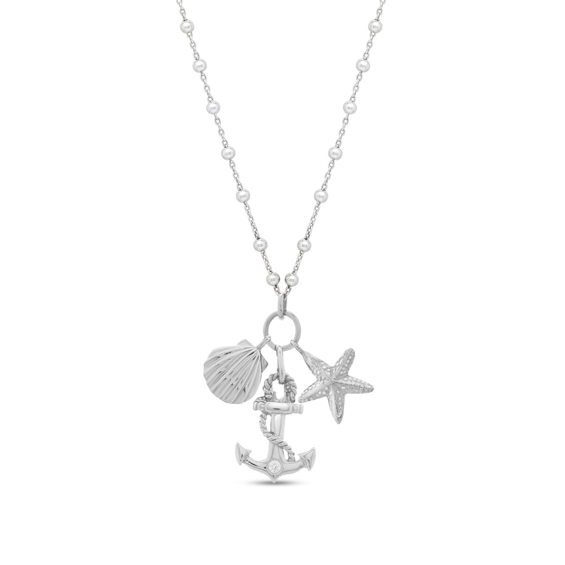 Main Image 1 of Seashell, Anchor and Starfish Charm Bead Station Necklace in Sterling Silver